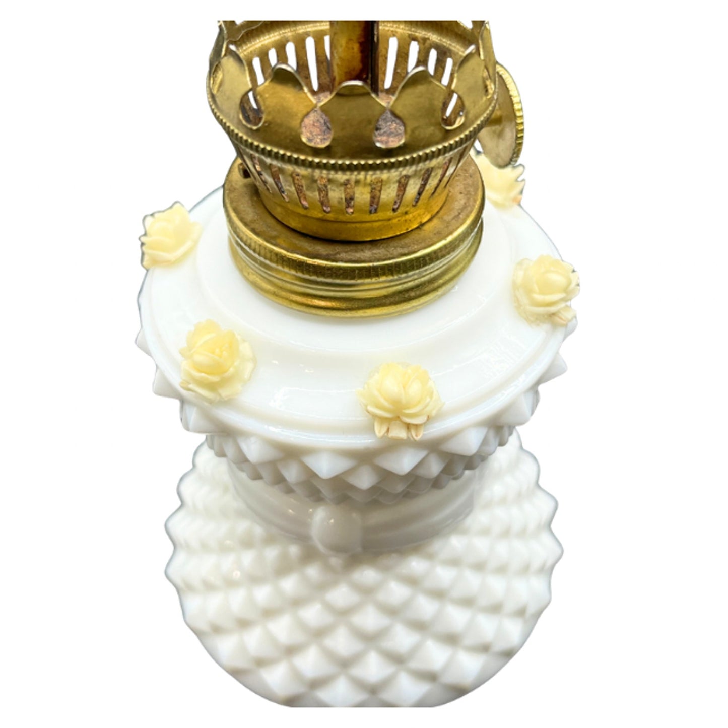 MCM Vintage Milk Glass Miniature Oil Lamp Diamond Point Rose Accent