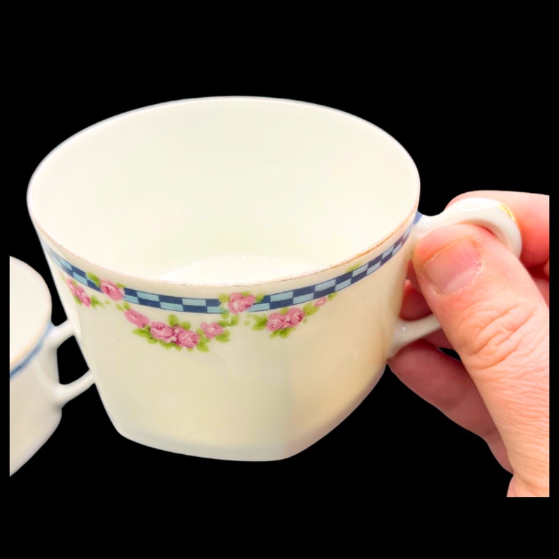 Antique French Limoges Tea Set Blue Ginham Pink Rose  19Pc  Charles Ahrenfeldt