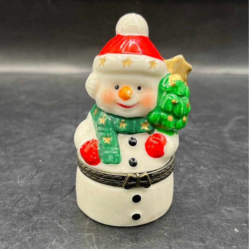 Vintage Ceramic Snowman Hinged Trinket Box Holiday Figurine Keepsake 3 In