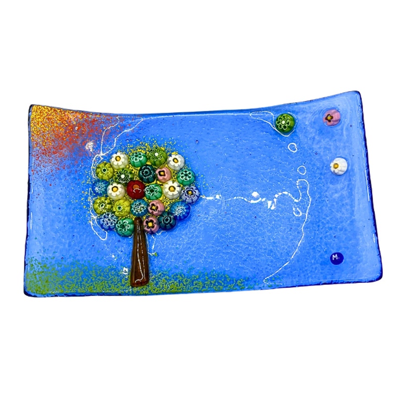 Vintage Murano Art Glass Millefiori Tree of Life Blue Curved Dish