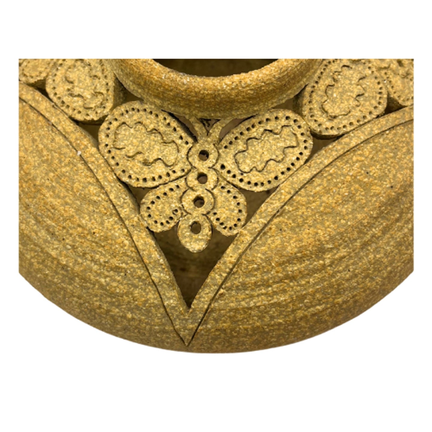 Handmade Tan Sandstone Pottery Butterfly Lace Cutout Candle Holder - Signed Art