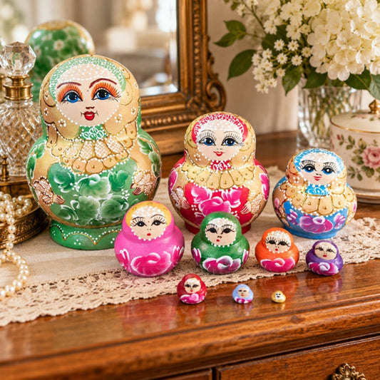 Vintage Russian Nesting Dolls 10 Piece Hand Painted Floral Matryoshka Wood