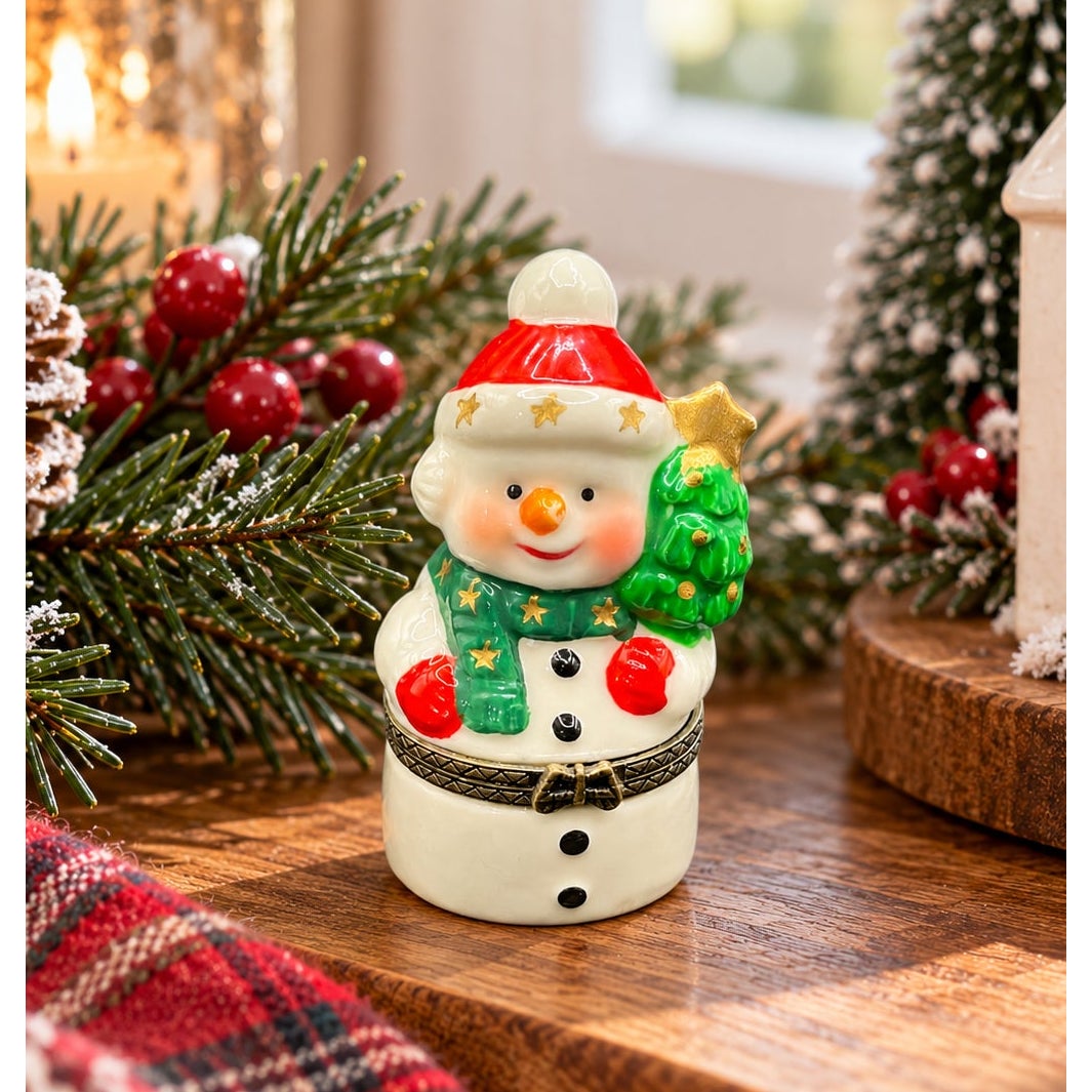 Vintage Ceramic Snowman Hinged Trinket Box Holiday Figurine Keepsake 3 In