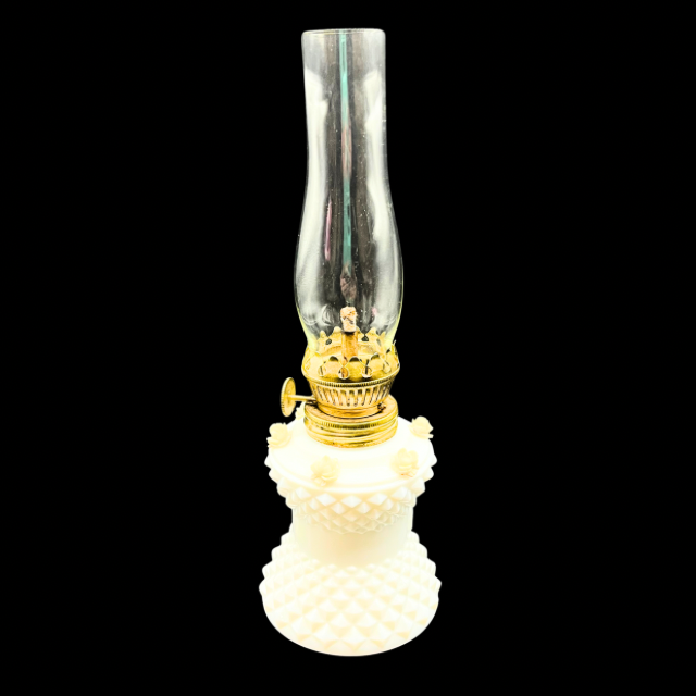 Vintage 8" Miniature Oil Lamp White Milk Glass Diamond Point Base with Ivory Rose Accents