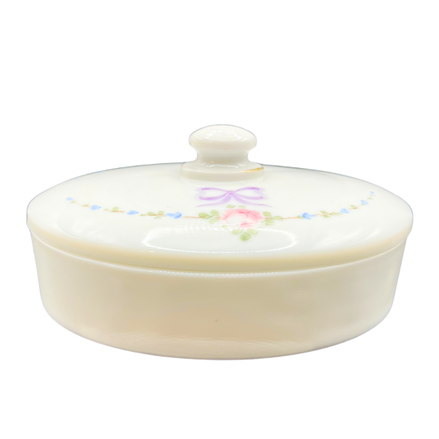 Westmoreland  Roses & Bows Oval Chocolate Box White Milk Glass Cottagecore Decor