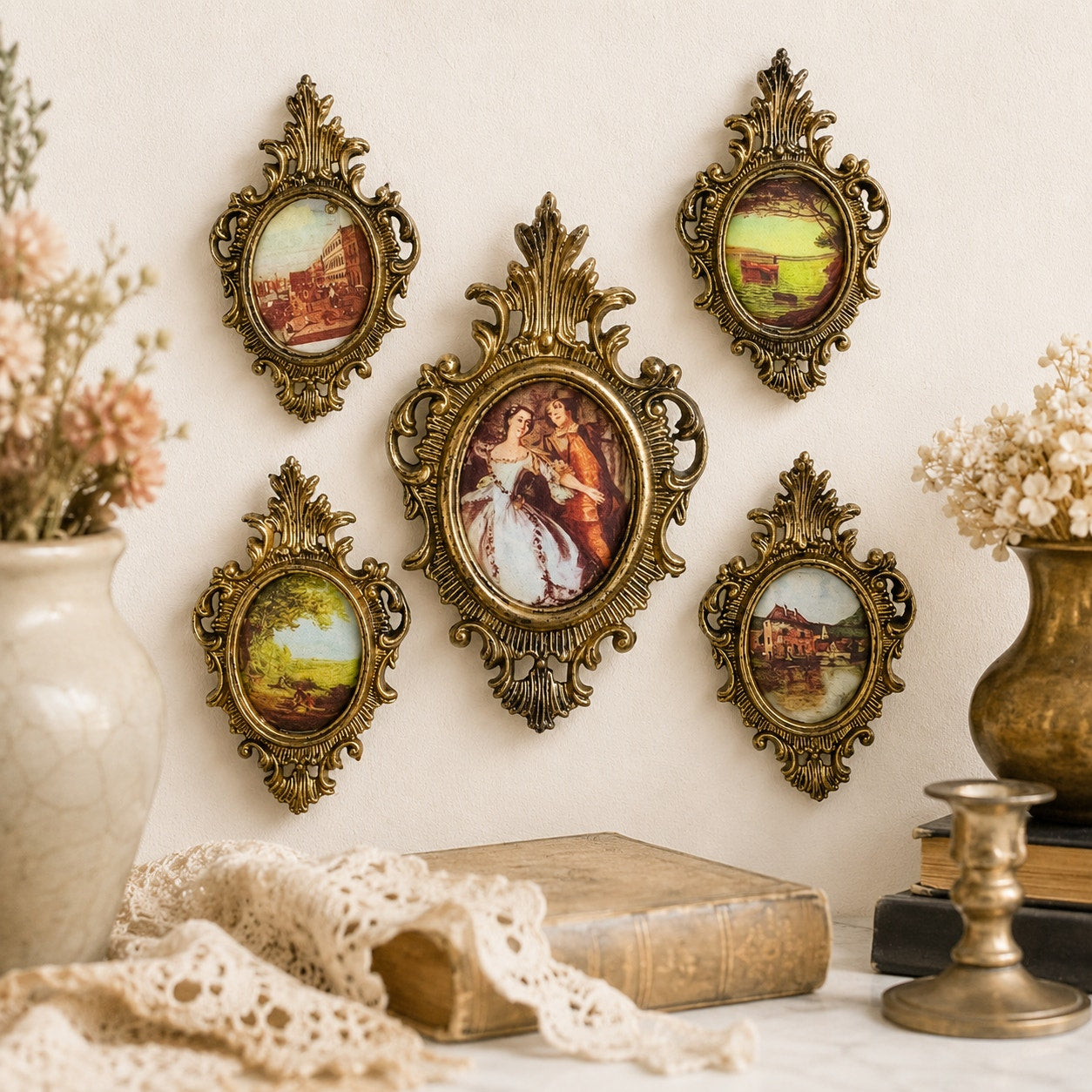 Vintage Mini Ornate Brass Tone Wall Frames Padded Silk Art Made in Hong Kong