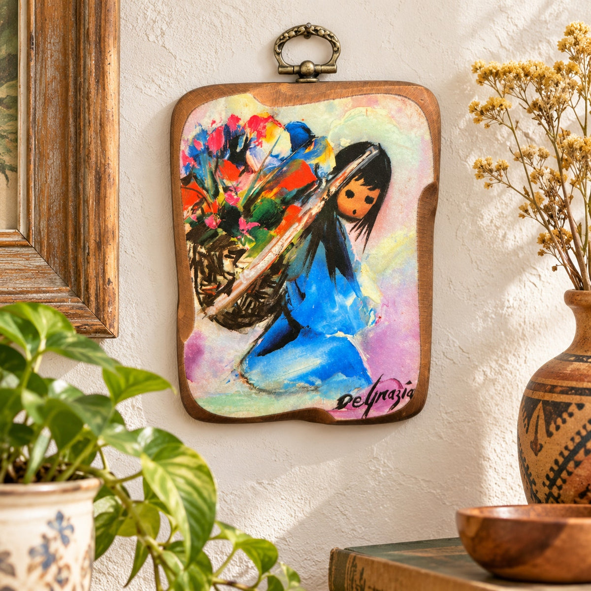 Vintage DeGrazia Art Plaque Beautiful Burden Southwest Wood Tile