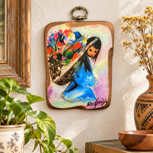 Vintage DeGrazia Art Plaque Beautiful Burden Southwest Wood Tile