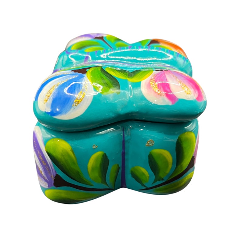 Vintage Mexican Folk Art Butterfly Pottery Trinket Box Turquoise Floral