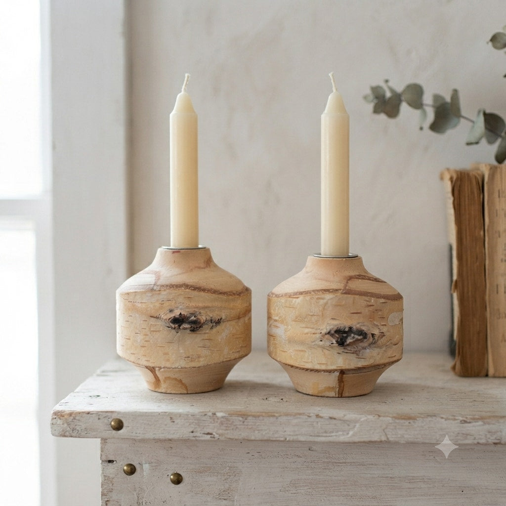 Set of Two Birch  Wood Taper Candle Holders With Metal Lining