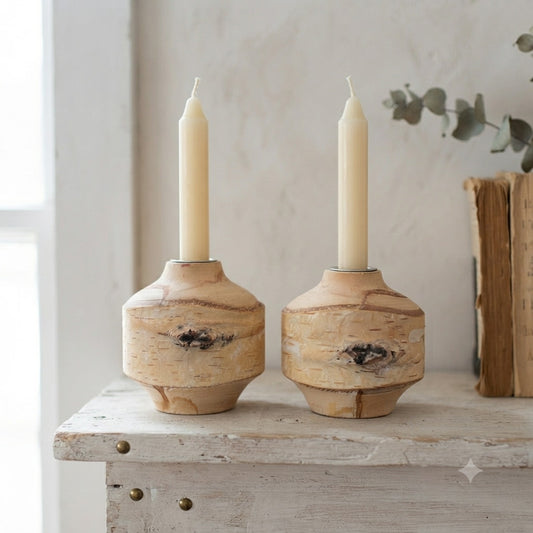 Set of Two Birch  Wood Taper Candle Holders With Metal Lining