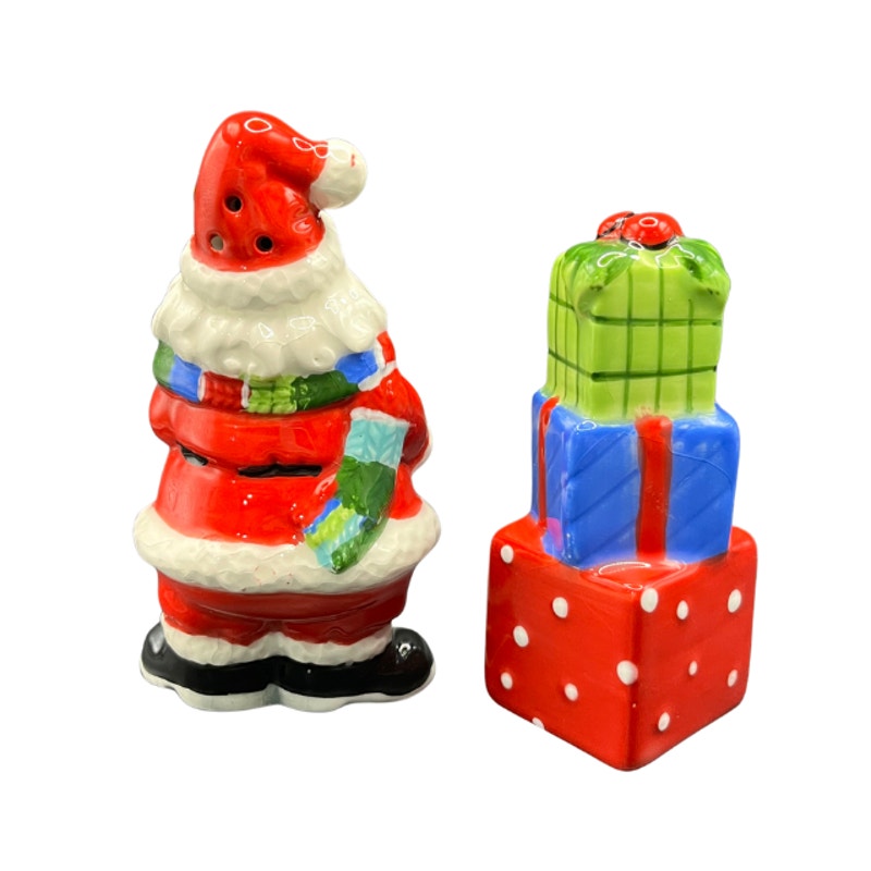 Vintage Fitz and Floyd Be Merry Santa Claus Stack of Gifts Salt & Pepper Shakers