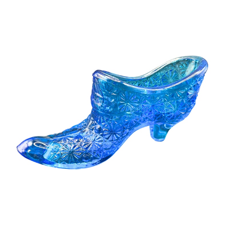 LE Smith Blue Glass Slipper Shoe Daisy Button UV Glow Vintage Figurine
