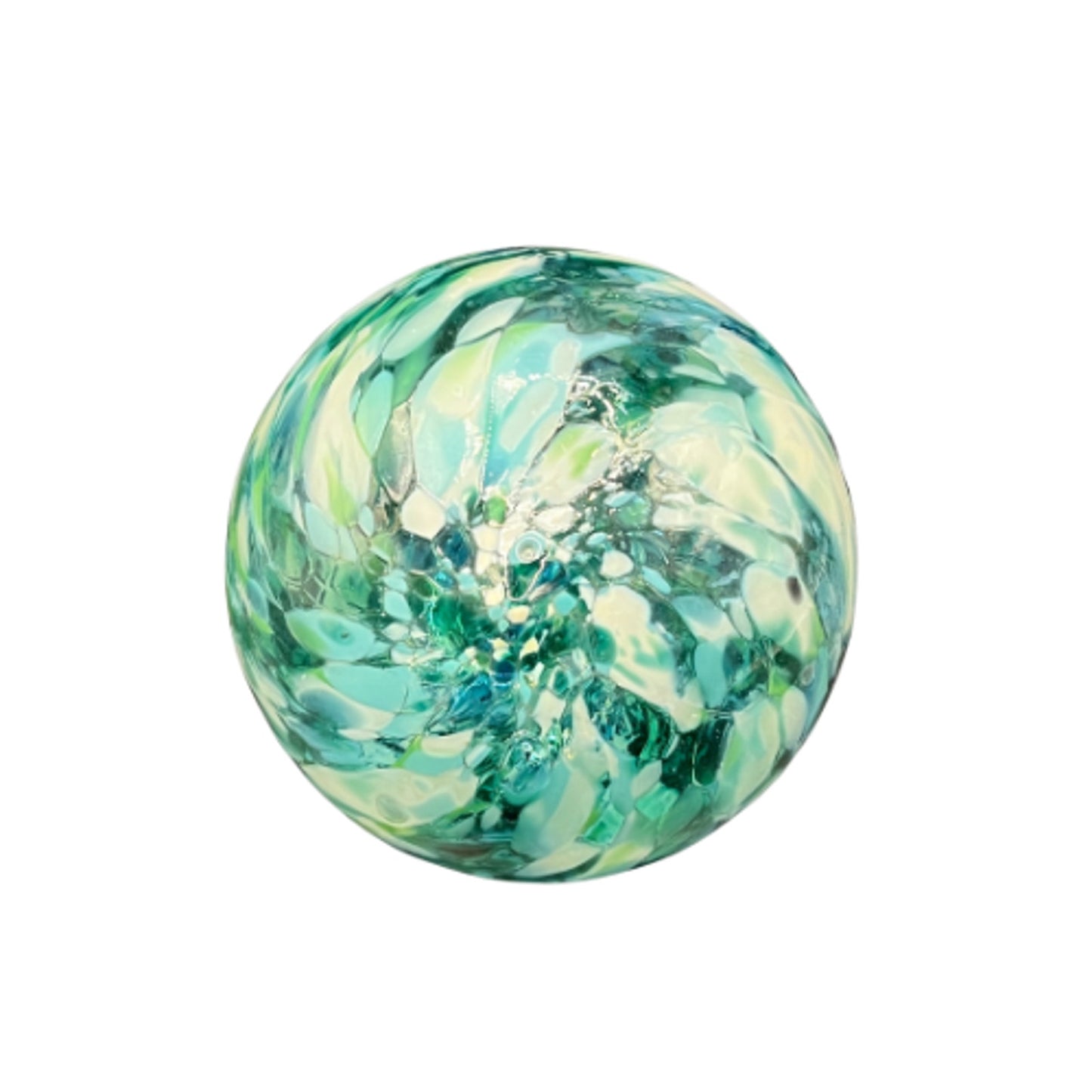 Hand Blown Studio Art Glass Ornament Blue Green and White Splatter Swirl Pattern