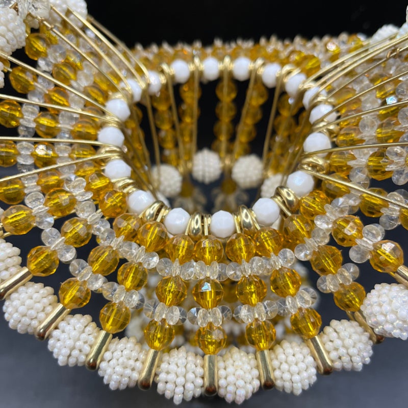 Vintage Handmade Beaded Safety Pin Basket Gold White Folk Art MCM