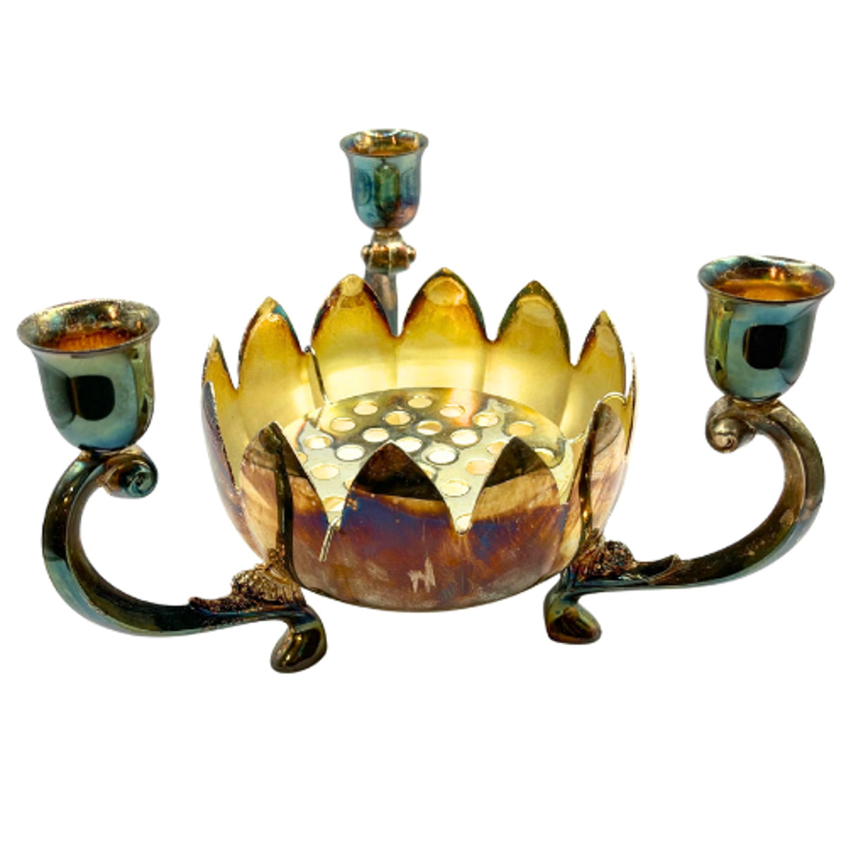Vintage Hong Kong Silver Plate Lotus Flower Frog Candelabra Centerpiece Patina
