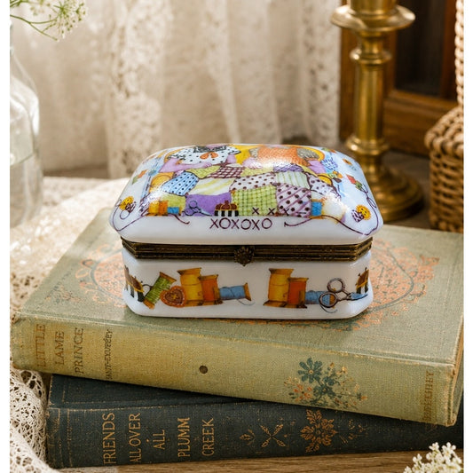 Vintage Imperial Porcelain Sewing Inspired Trinket Box Hinged