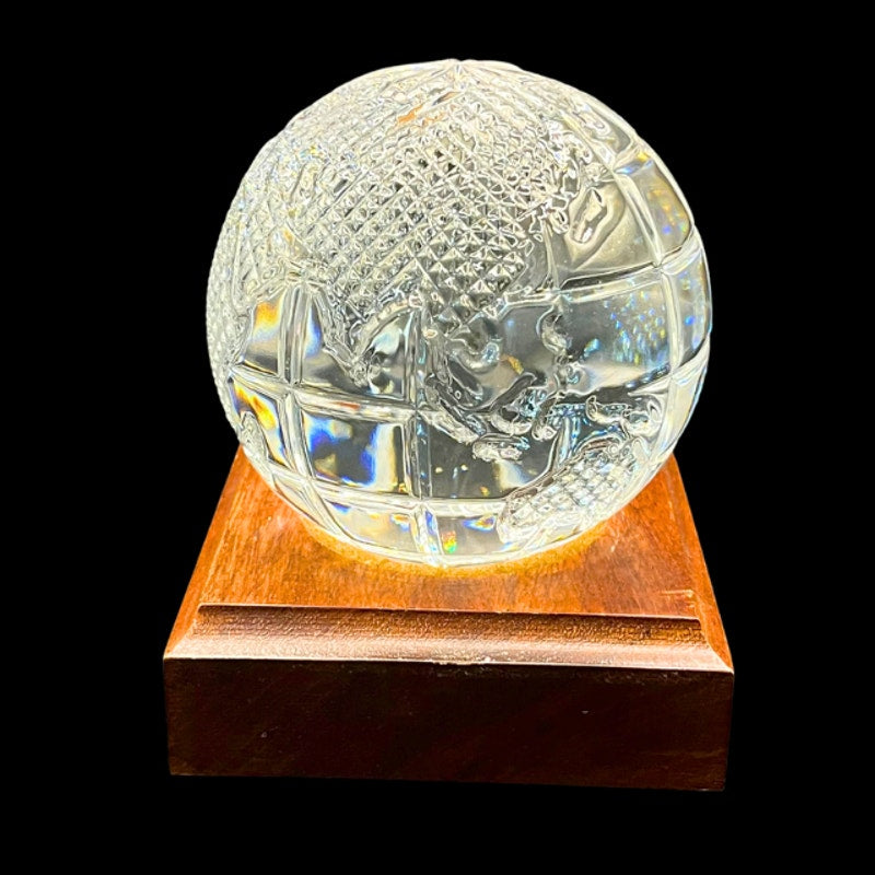 Waterford Crystal World Globe Paperweight Diamond Cut Art Glass Wood Base