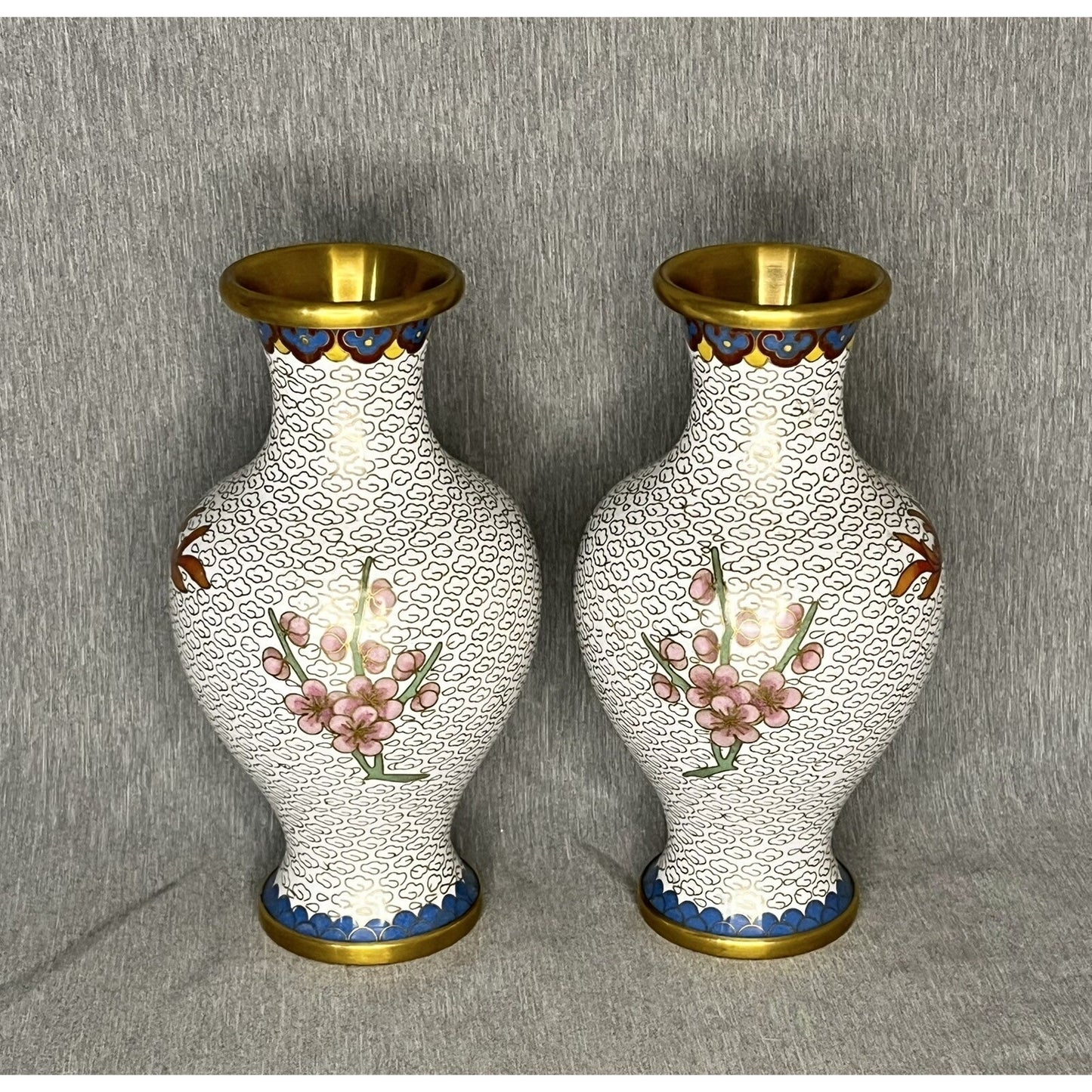 Pair Vintage White Cloisonne Vases Blue Pink Floral 6.5" Tall