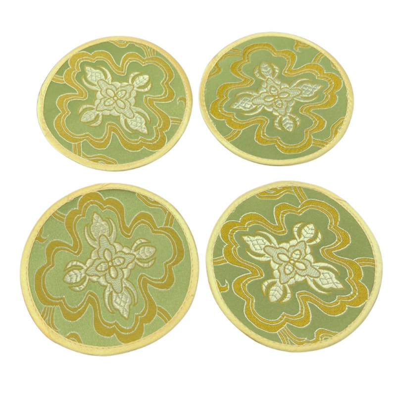Vintage Chinese Embroidered Coaster Set 4 Green Gold Motifs Original Sleeve