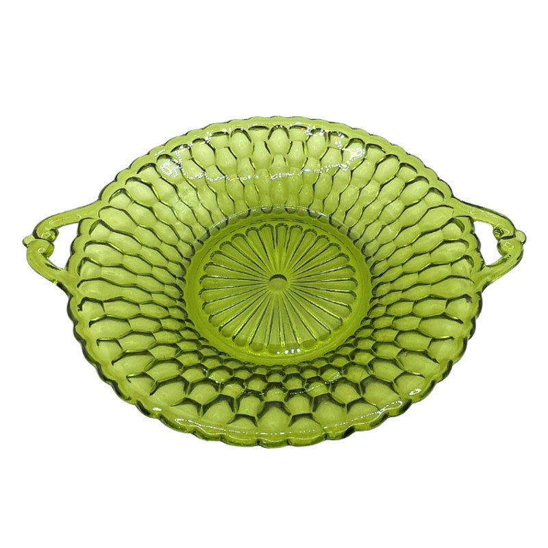 Vintage Indiana Glass Avocado Green Honeycomb Round Relish Dish Mid Century