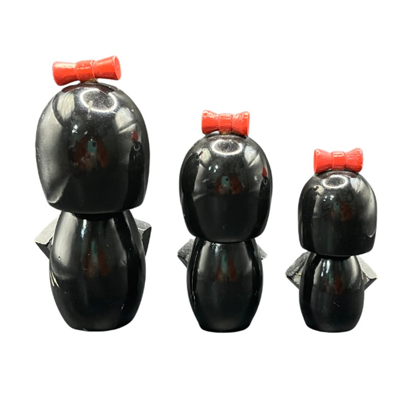Vintage Japanese Kokeshi Dolls Set Hand Painted Black Kimonos Pink Floral
