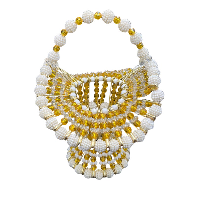 Vintage Handmade Beaded Safety Pin Basket Gold White Folk Art MCM
