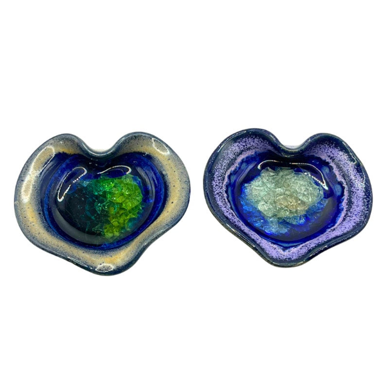 Vintage Down to Earth Heart Shaped Ceramic Melted Glass Dishes Set of 2 USA