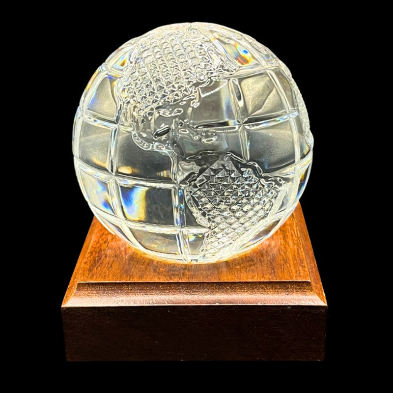 Waterford Crystal World Globe Paperweight Diamond Cut Art Glass Wood Base