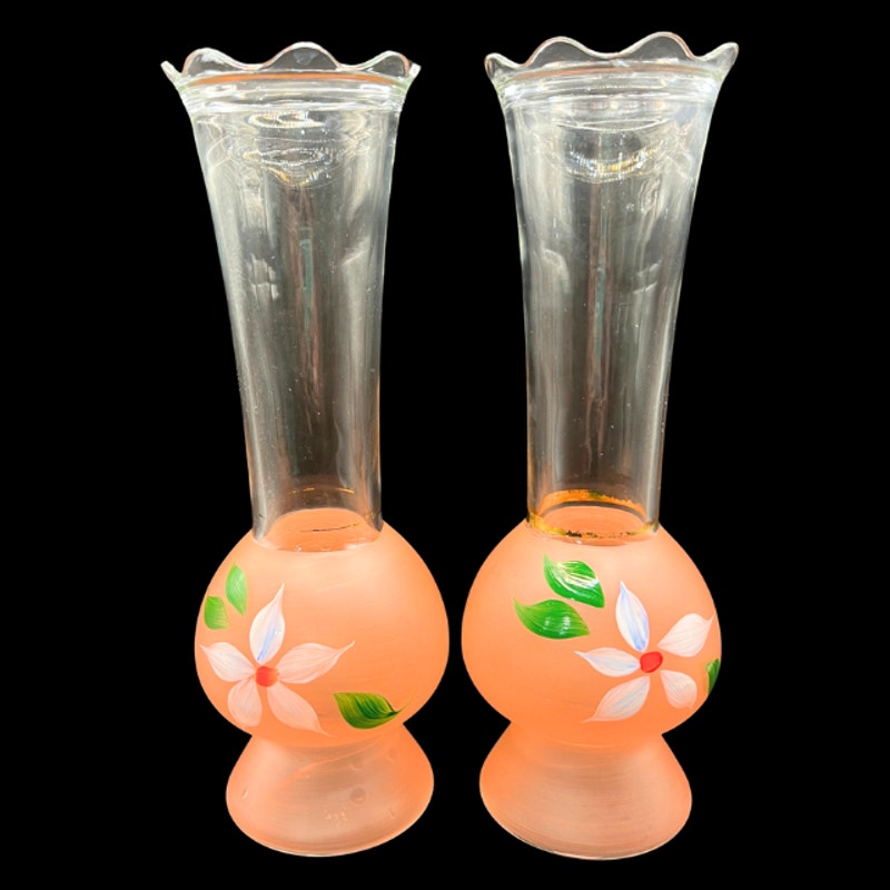 Vintage Bartlett Collins Frosted Pink Glass Vases Hand Painted Pair 9" MCM