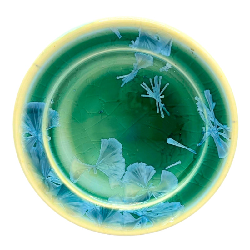 Signed Studio Pottery Art Plate Green Glaze Blue Crystalline Wall Hanging Dish