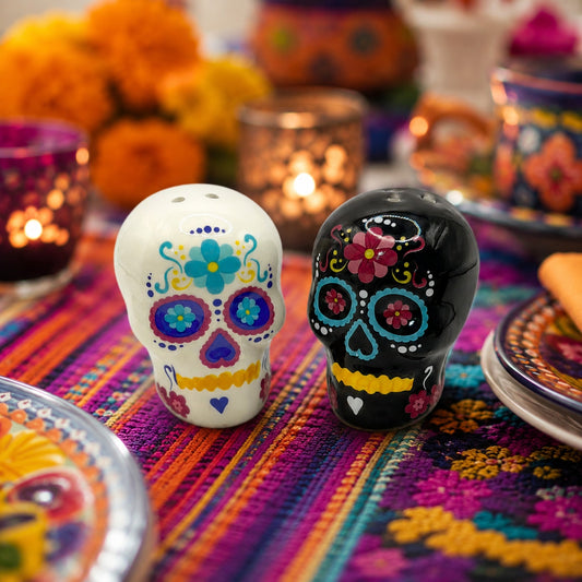BW Day of the Dead Sugar Skull Ceramic Salt and Pepper Shakers Set New with Box