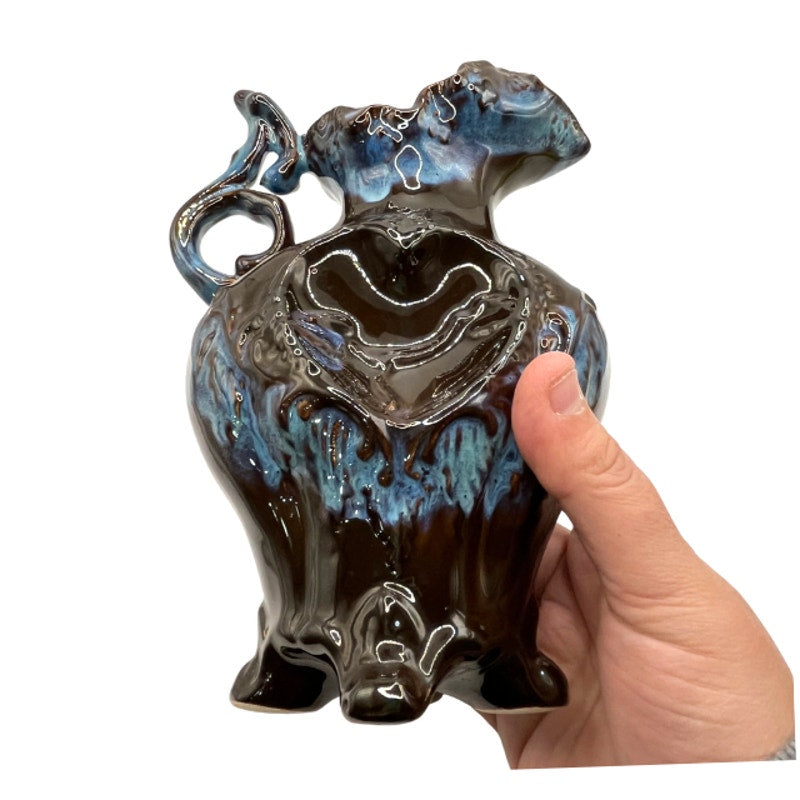 Vintage Art Pottery Pitcher Blue Brown Drip Glaze Heart Motif Ornate Footed Jug