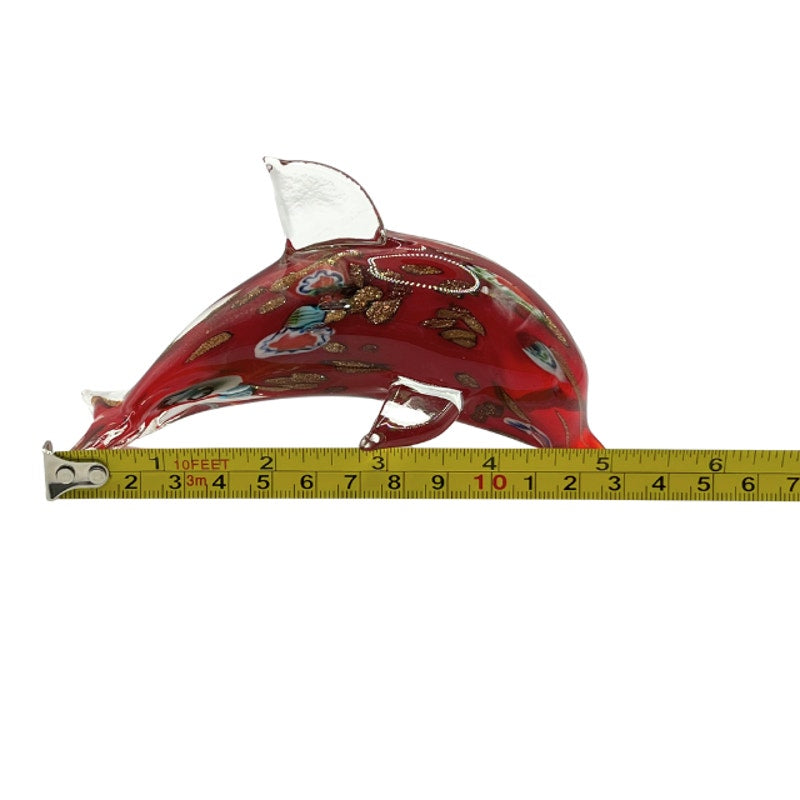 Murano Style Red Aventurine Dolphin Sculpture Blown Art Glass with Millefiori