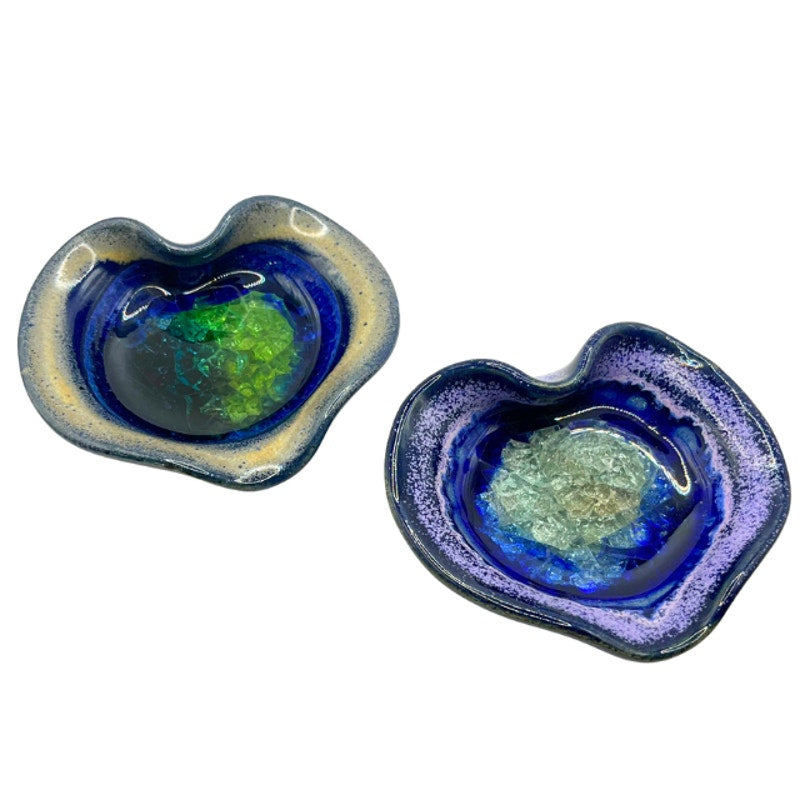 Vintage Down to Earth Heart Shaped Ceramic Melted Glass Dishes Set of 2 USA