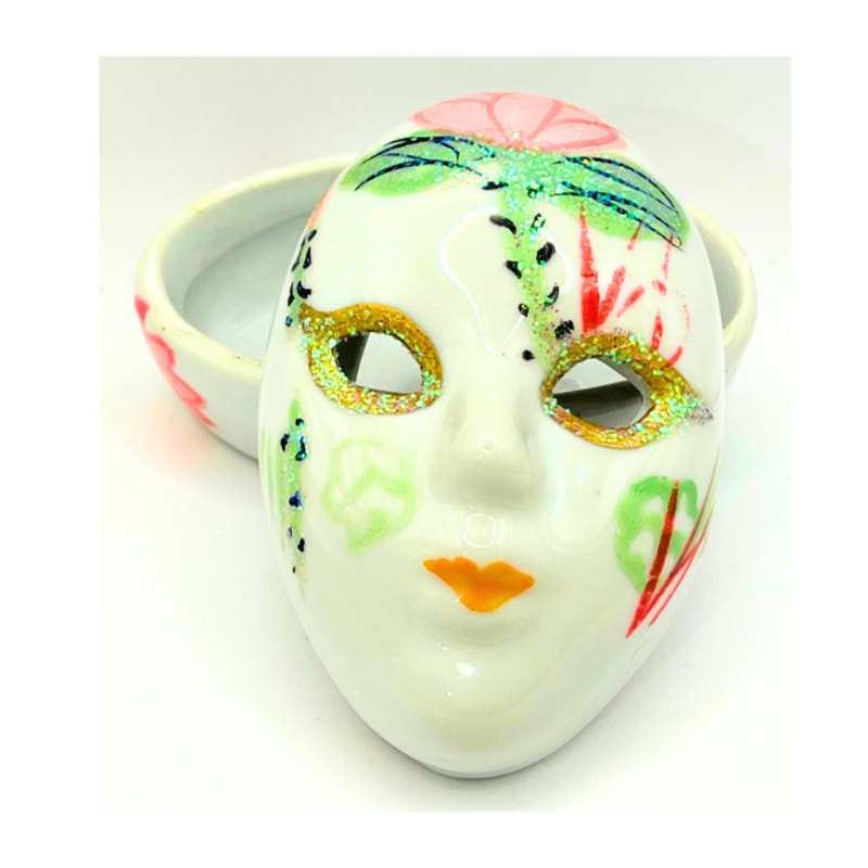 Vintage Ceramic Trinket Box Hand-Painted Mardi Gras Mask Glitter