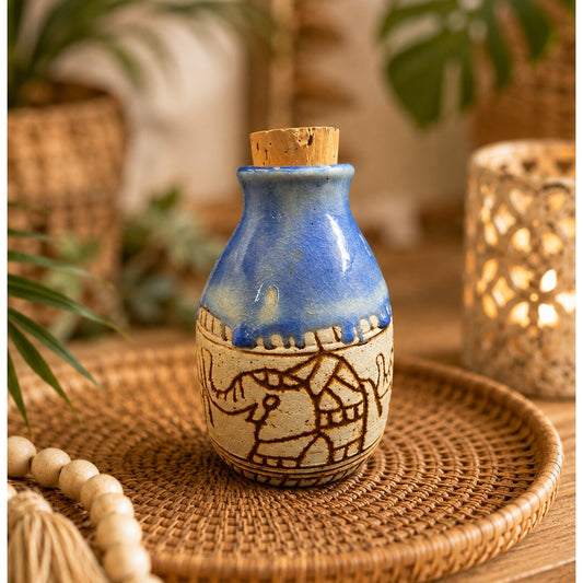 Vintage Signed Blue Drip Glaze Parade of Elephants Pottery Jug with Cork