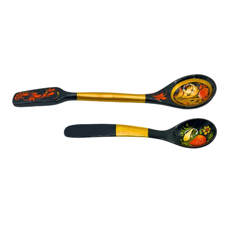 Vintage Russian Stpgoods Khokhloma Wooden Spoons Hand Painted Black  Lacquer Gold Berry Design