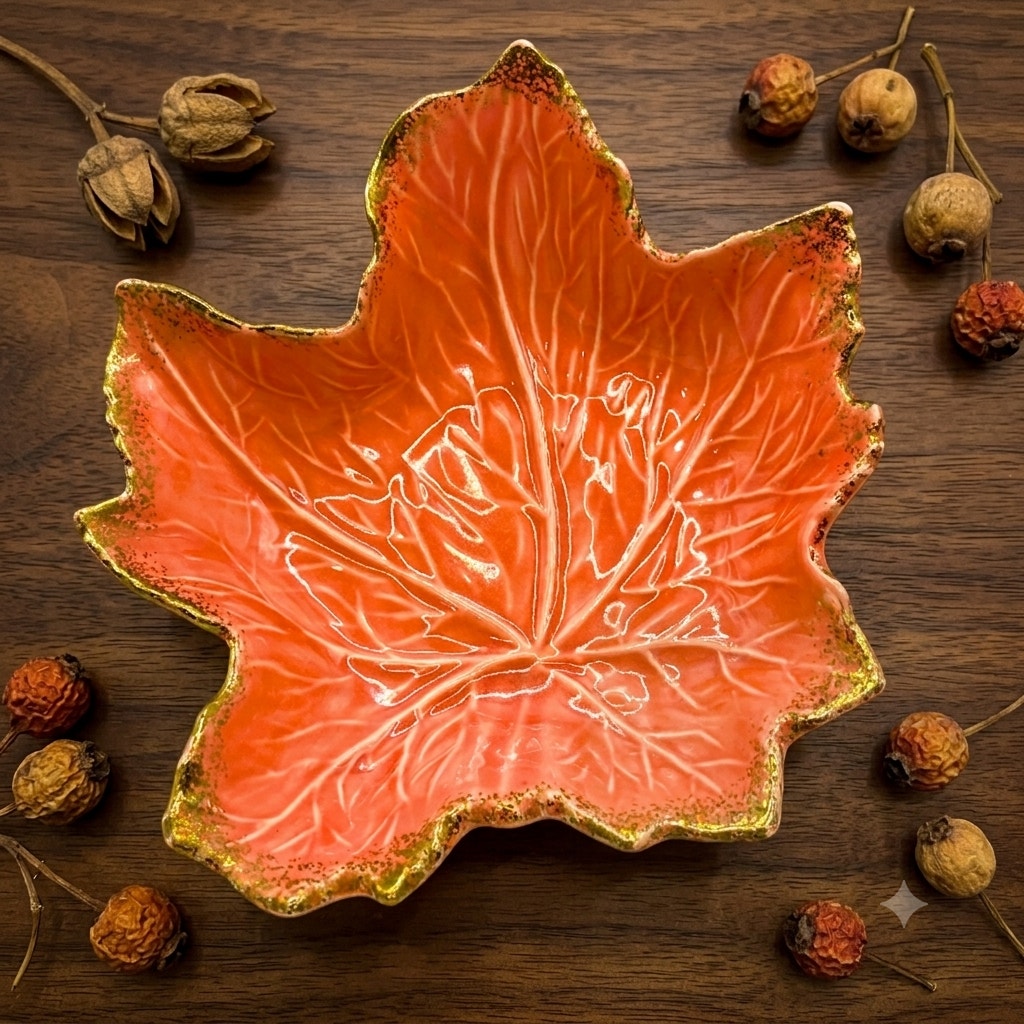 VTG California Pottery Maple Leaf Dish Coral Orange With Gold Trim USA 727