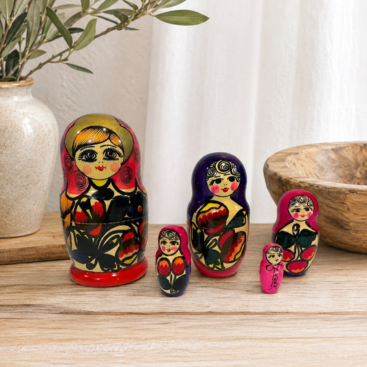 Vintage Russian Matryoshka Nesting Dolls Red Pink Purple Floral Design Set of 5