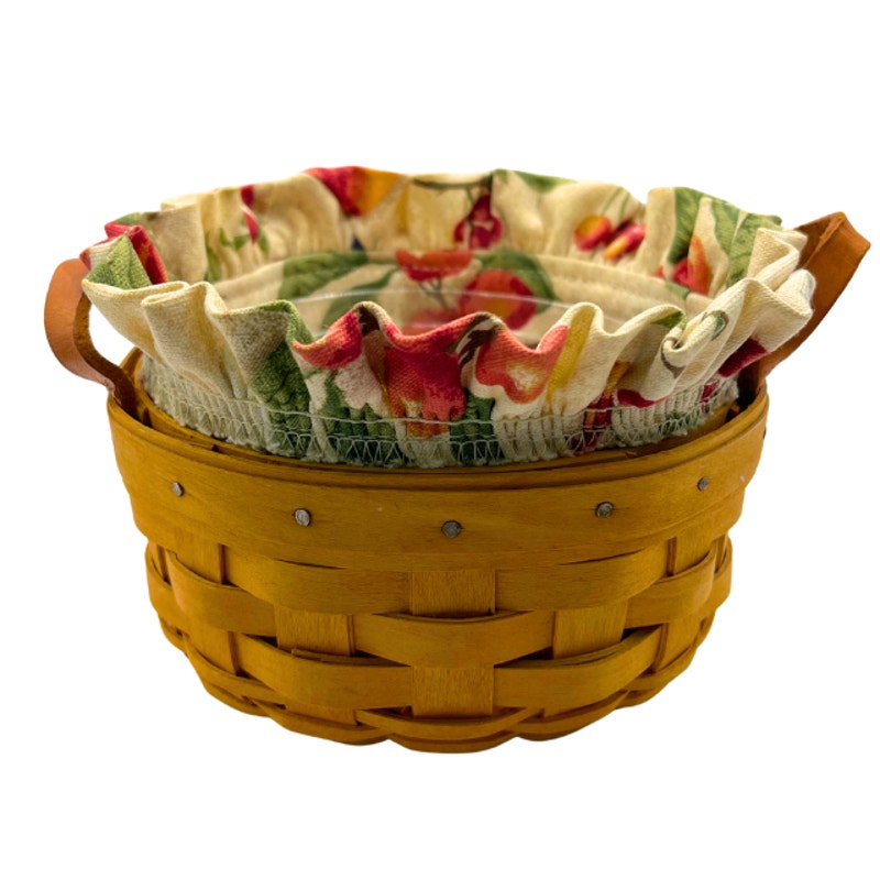 Vintage Longaberger Round Handwoven Wood Basket Leather Handles Fruit Liner