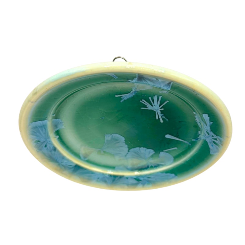 Signed Studio Pottery Art Plate Green Glaze Blue Crystalline Wall Hanging Dish