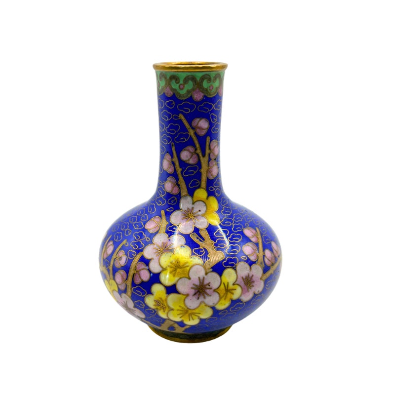 Vintage Cloisonne Miniature Vase Cobalt Blue Floral Bud Vase