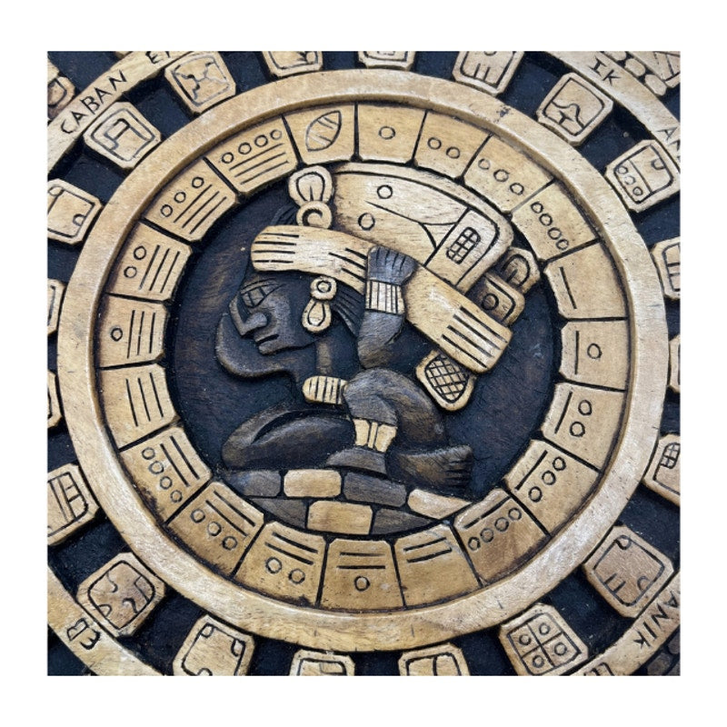 Vintage Hand Carved Wood Mayan Calendar Aztec Art Plaque