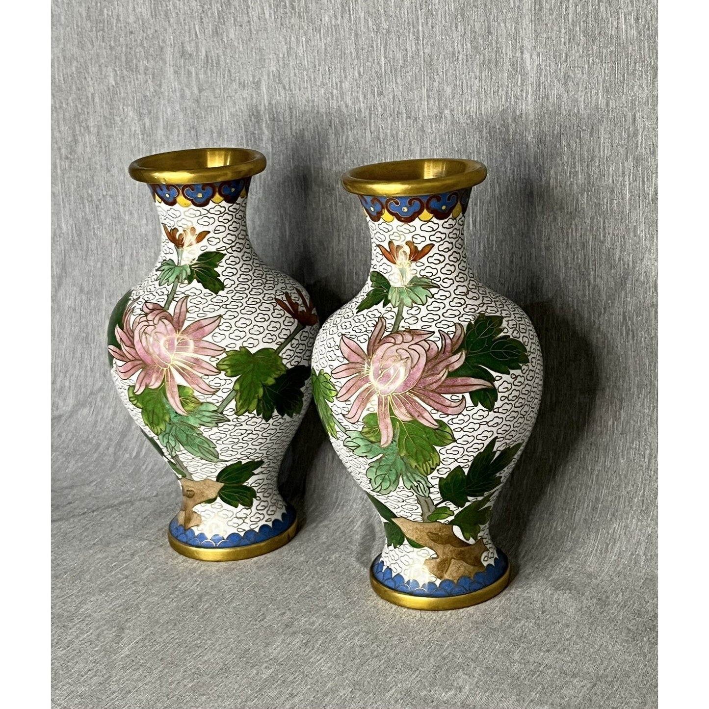 Pair Vintage White Cloisonne Vases Blue Pink Floral 6.5" Tall