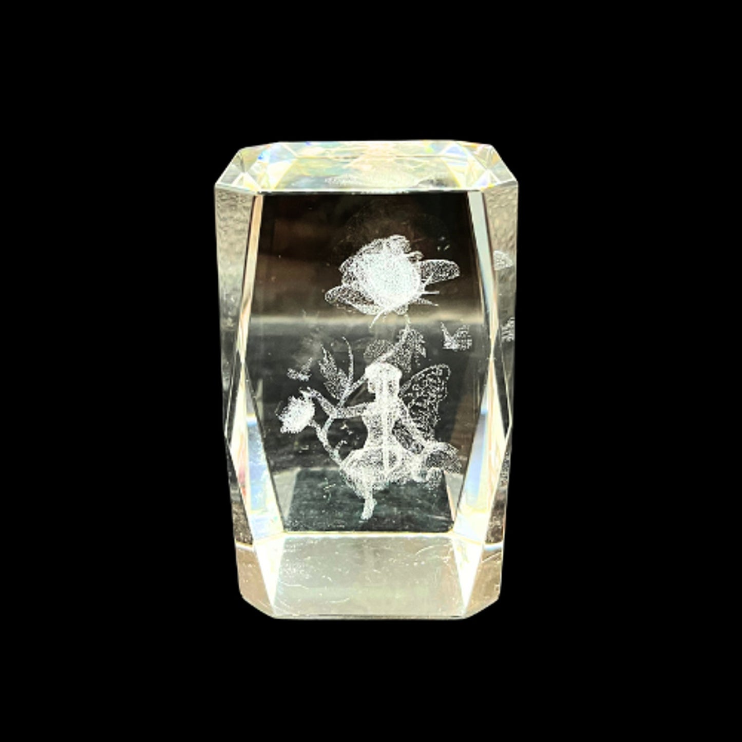 Vintage 3D Laser Etched Crystal Fairy Glass Paperweight Prism