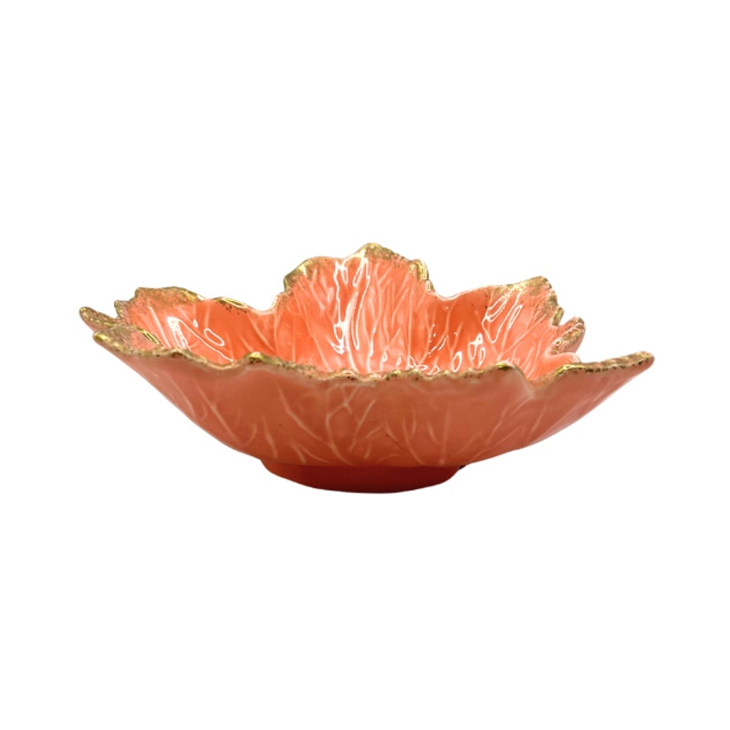 VTG California Pottery Maple Leaf Dish Coral Orange With Gold Trim USA 727