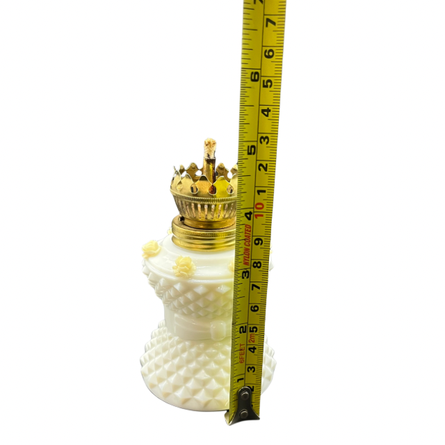 Vintage 8" Miniature Oil Lamp White Milk Glass Diamond Point Base with Ivory Rose Accents