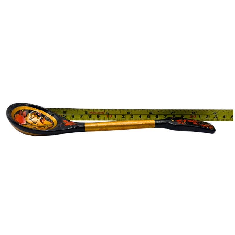 Vintage Russian Stpgoods Khokhloma Wooden Spoons Hand Painted Black  Lacquer Gold Berry Design