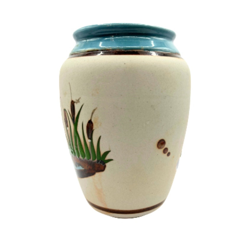 Vintage Mexican Tonala Folk Art Pottery Vase Heron & Cattail Handpainted 6.5in34.